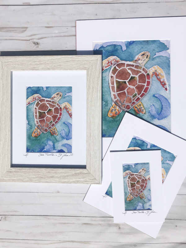Sea Turtle Matted Watercolor Wall Art Print