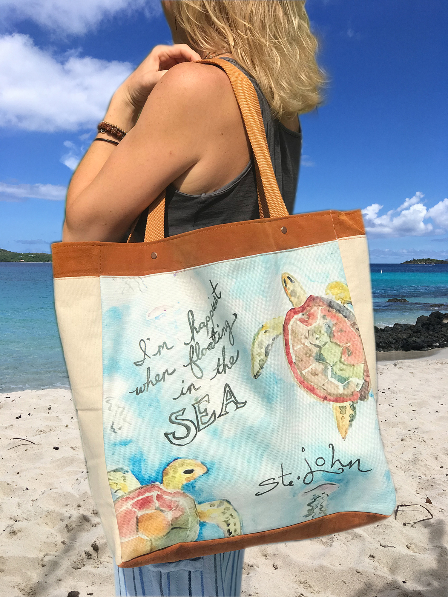 This St. John USVI Art tote bag features whimsical sea turtles swimming through the tranquil Caribbean Sea. Hibiscus Jazz products are made in small batches