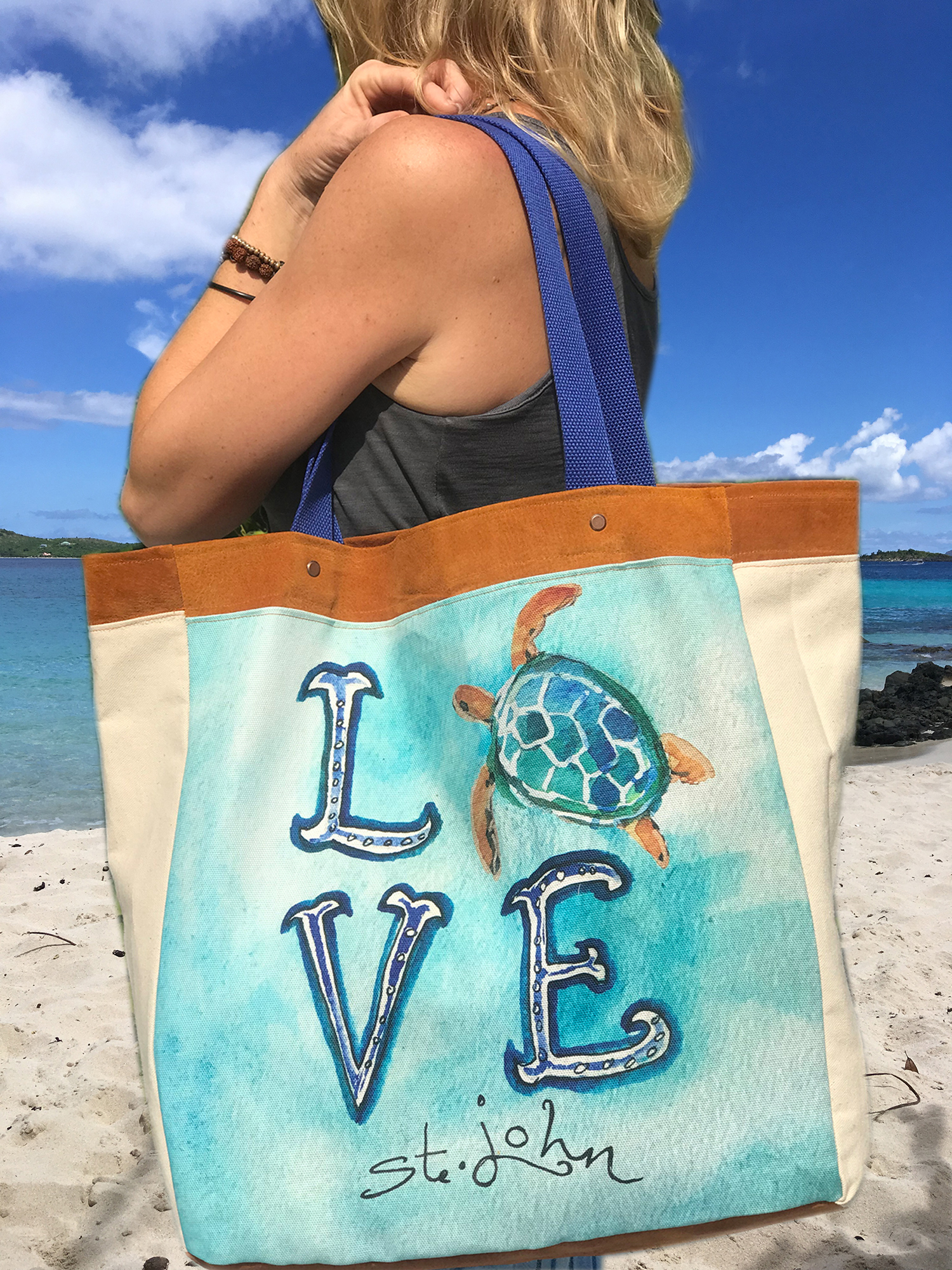This turtle beach bag celebrates your love of Sea Turtles. It features a whimsical sea turtle swimming through the tranquil Caribbean Sea. 