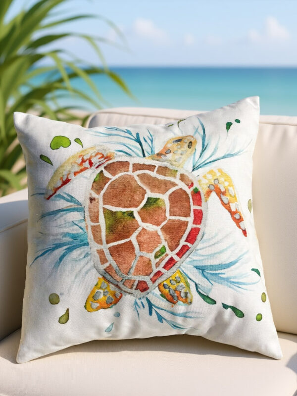 Sea Turtle Coastal Art Outdoor Throw Pillow