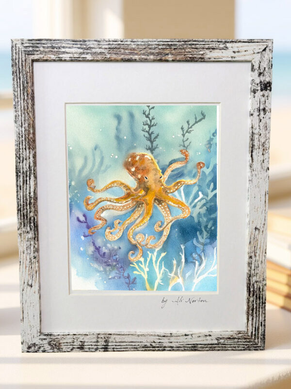 Art Print Octopus Watercolor 3 Sizes Matted