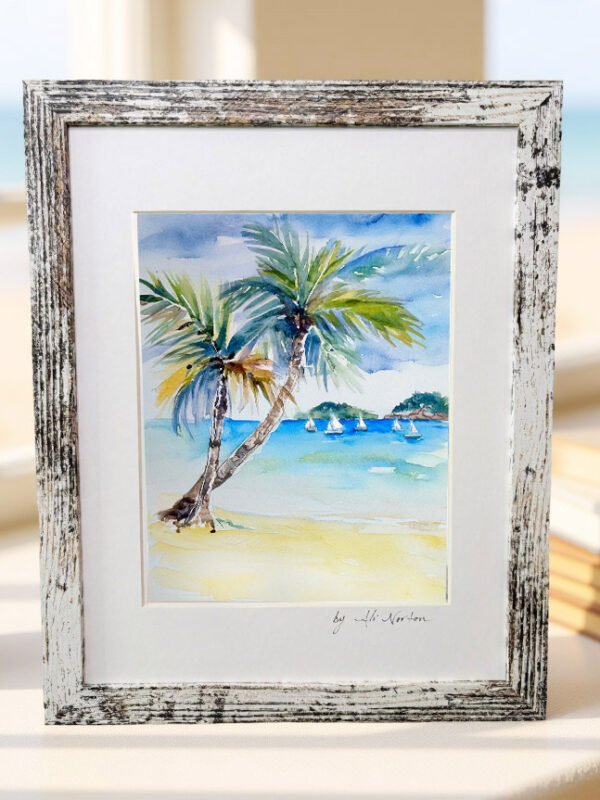 Art Print St. John Beach with Sailboats Watercolor 3 Sizes Matted