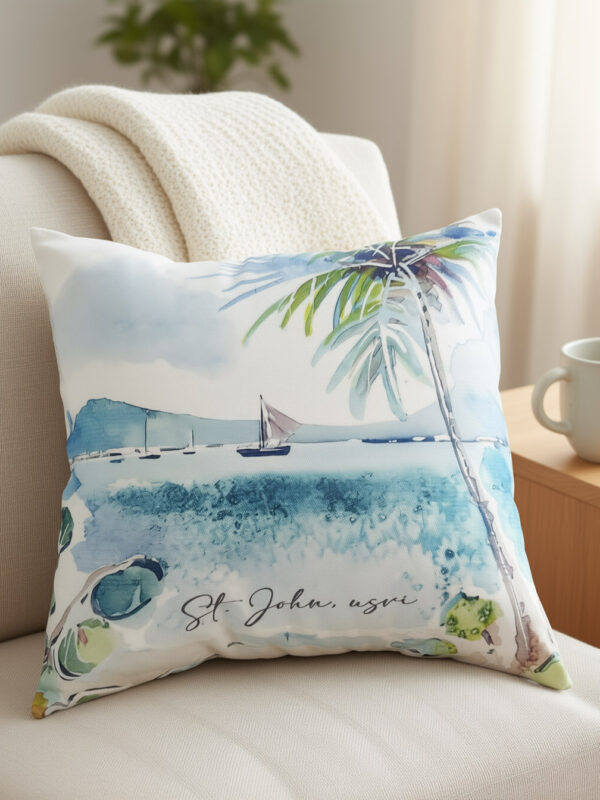 Coastal Art Watercolor Outdoor Throw Pillow Coral Bay, St. John