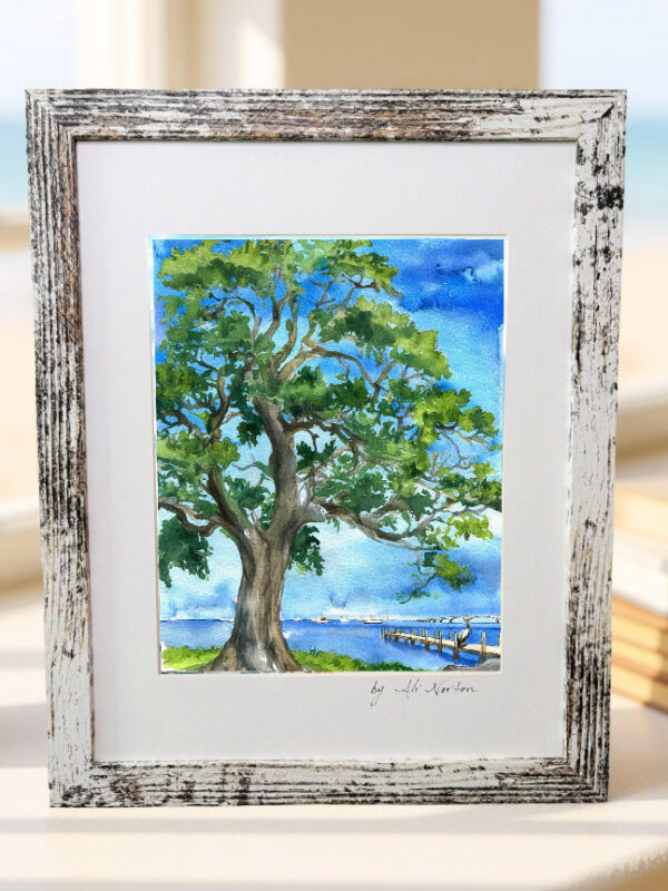 Art Print Live Oak Tree and Pelican on the Gulf Coast Watercolor 3 Sizes Matted