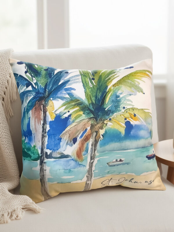 Coastal Art Watercolor Outdoor Throw Pillow Honeymoon Beach