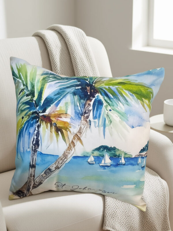 Coastal Art Watercolor Outdoor Throw Pillow Leinster Bay, St. John