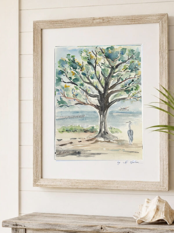 Art Print Live Oak Centered with Heron and Shrimp Boat