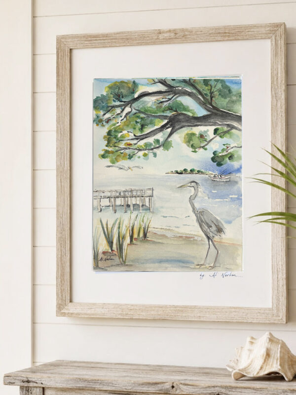 Art Print Live Oak Heron with Pier and Shrimp Boat